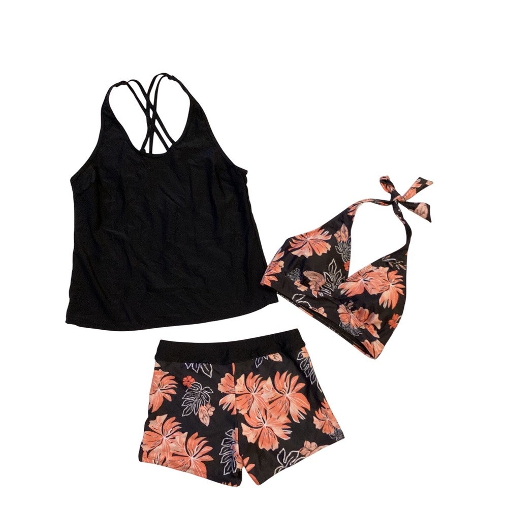 Talisea‎ 3 Piece Swimsuit Set Black Floral Tankini Halter Bikini & Shorts Small